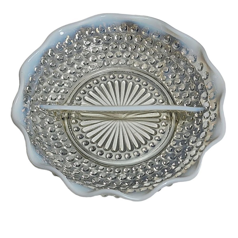 Moonstone Pattern Glass Ruffled Divided Relish with Opalescent Blue Hobnail VTG